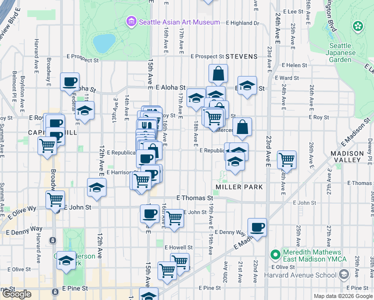 map of restaurants, bars, coffee shops, grocery stores, and more near 513 17th Avenue East in Seattle