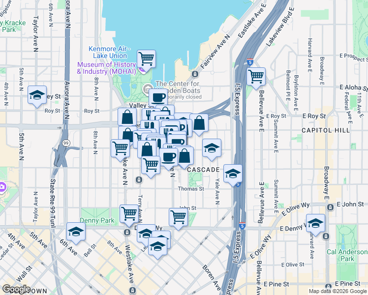 map of restaurants, bars, coffee shops, grocery stores, and more near 500 Fairview Avenue North in Seattle