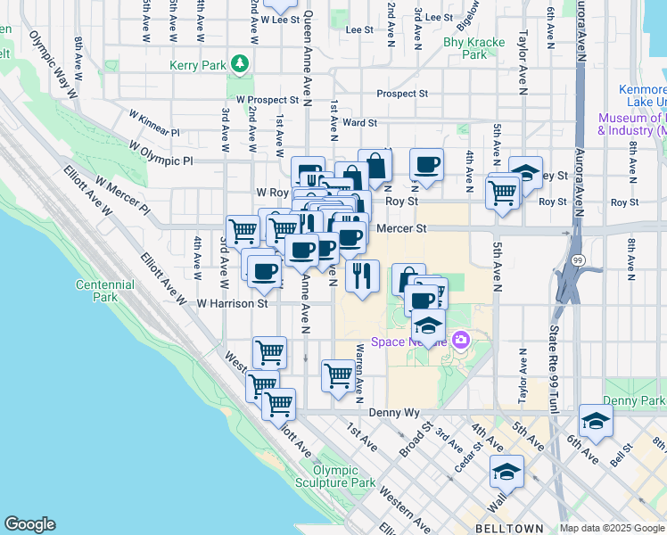 map of restaurants, bars, coffee shops, grocery stores, and more near 1st Ave N & Republican St in Seattle
