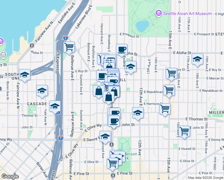 map of restaurants, bars, coffee shops, grocery stores, and more near 511 Broadway E in Seattle