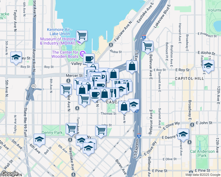 map of restaurants, bars, coffee shops, grocery stores, and more near 1210 Republican Street in Seattle