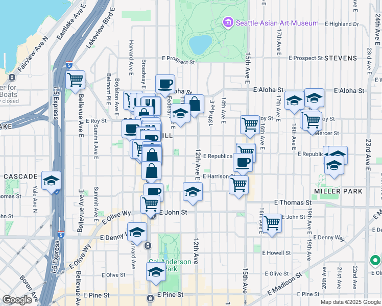 map of restaurants, bars, coffee shops, grocery stores, and more near 510 11th Avenue East in Seattle