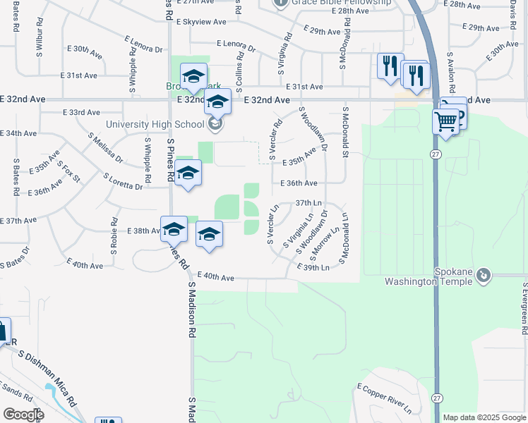map of restaurants, bars, coffee shops, grocery stores, and more near 3714 South Vercler Lane in Spokane Valley
