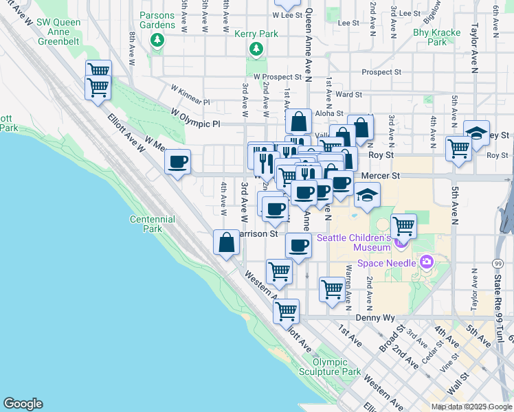 map of restaurants, bars, coffee shops, grocery stores, and more near 501 2nd Avenue West in Seattle