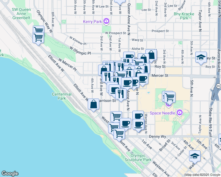 map of restaurants, bars, coffee shops, grocery stores, and more near 2nd Avenue West & West Republican Street in Seattle