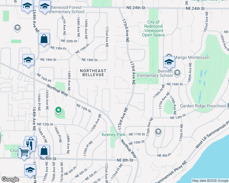 map of restaurants, bars, coffee shops, grocery stores, and more near 17201 Northeast 15th Place in Bellevue
