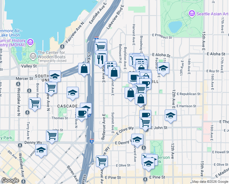 map of restaurants, bars, coffee shops, grocery stores, and more near 504 East Republican Street in Seattle