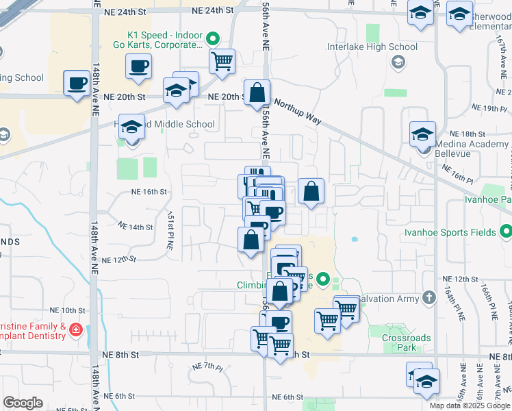 map of restaurants, bars, coffee shops, grocery stores, and more near 1505 156th Avenue Northeast in Bellevue