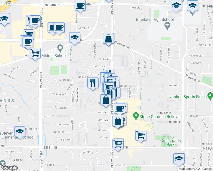 map of restaurants, bars, coffee shops, grocery stores, and more near 1505 156th Avenue Northeast in Bellevue