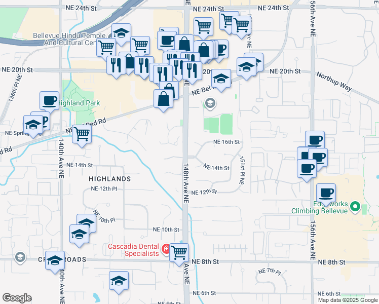 map of restaurants, bars, coffee shops, grocery stores, and more near in Bellevue
