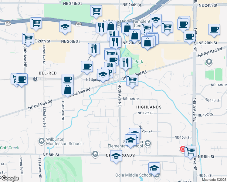 map of restaurants, bars, coffee shops, grocery stores, and more near 1520 139th Court Northeast in Bellevue