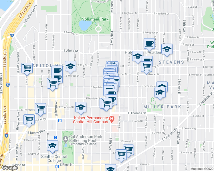 map of restaurants, bars, coffee shops, grocery stores, and more near 509 15th Avenue East in Seattle
