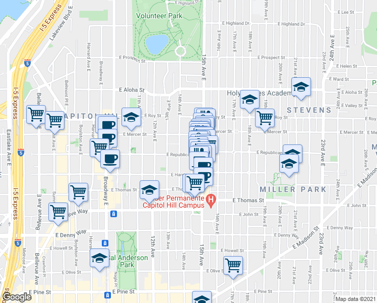 map of restaurants, bars, coffee shops, grocery stores, and more near 512 14th Avenue East in Seattle