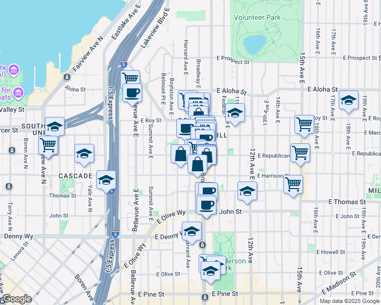 map of restaurants, bars, coffee shops, grocery stores, and more near 505 Broadway East in Seattle