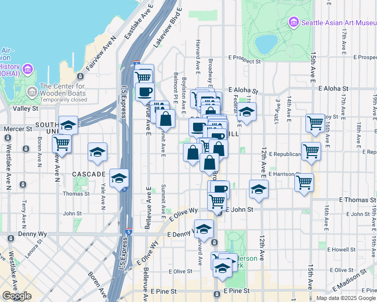map of restaurants, bars, coffee shops, grocery stores, and more near in Seattle