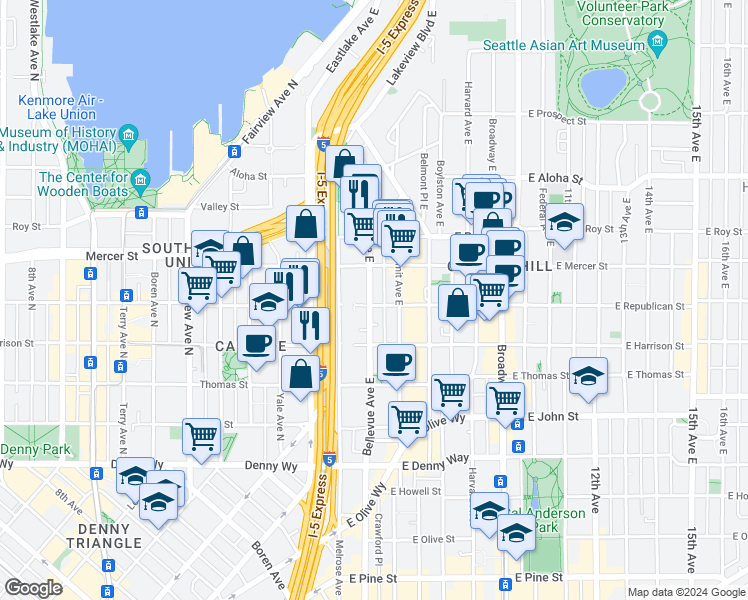 map of restaurants, bars, coffee shops, grocery stores, and more near 510 Bellevue Avenue East in Seattle