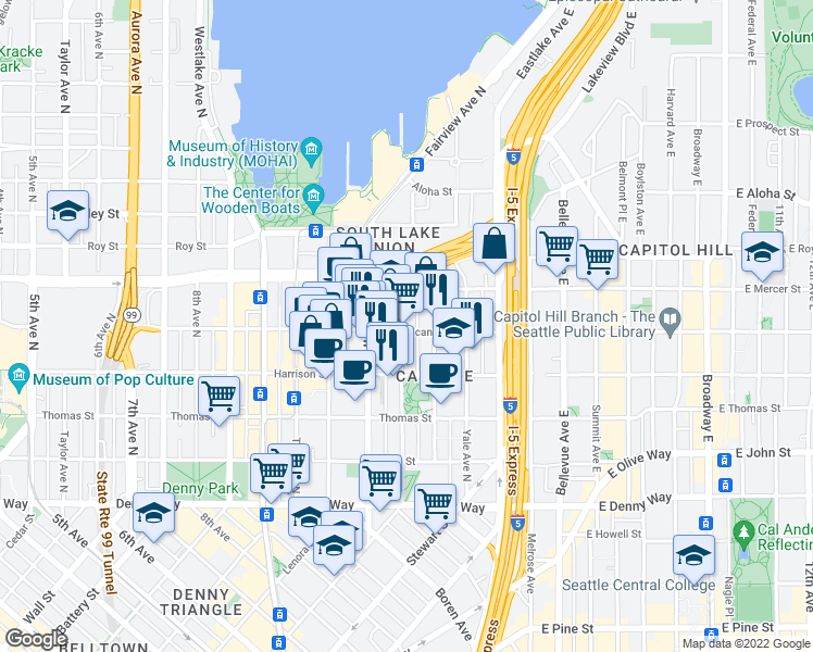 map of restaurants, bars, coffee shops, grocery stores, and more near 510 Minor Avenue North in Seattle