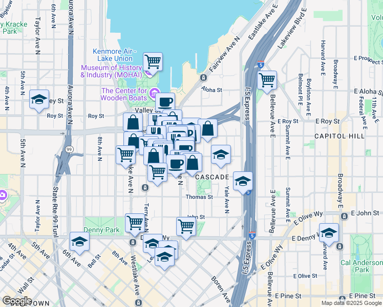 map of restaurants, bars, coffee shops, grocery stores, and more near 500 Fairview Avenue North in Seattle