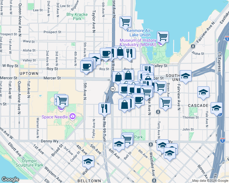 map of restaurants, bars, coffee shops, grocery stores, and more near 509 Dexter Avenue North in Seattle