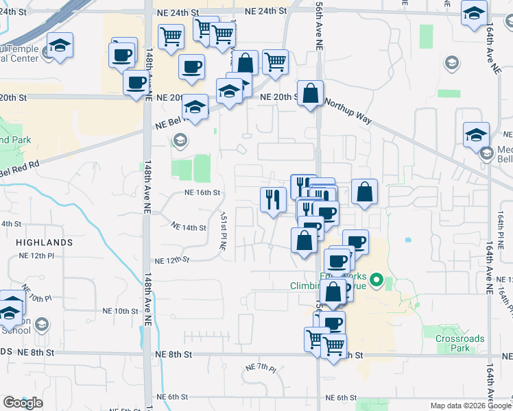 map of restaurants, bars, coffee shops, grocery stores, and more near 1648 152nd Avenue Northeast in Bellevue
