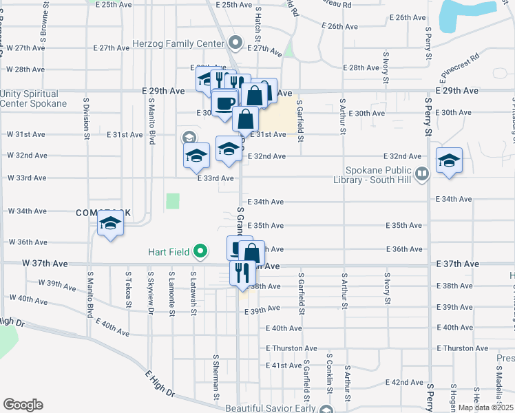map of restaurants, bars, coffee shops, grocery stores, and more near 622 East 34th Avenue in Spokane
