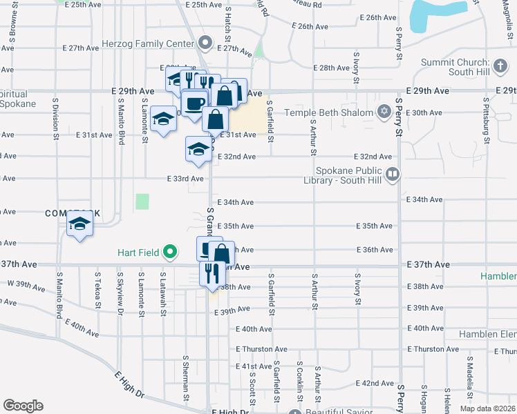 map of restaurants, bars, coffee shops, grocery stores, and more near 810 East 34th Avenue in Spokane