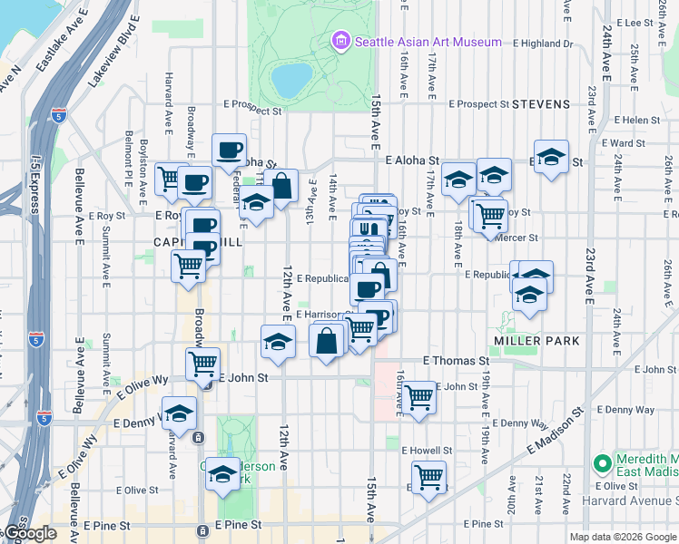 map of restaurants, bars, coffee shops, grocery stores, and more near 1406 East Republican Street in Seattle