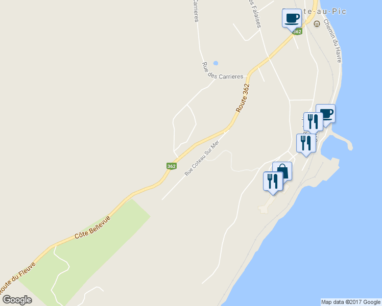 map of restaurants, bars, coffee shops, grocery stores, and more near 355 Côte Bellevue in La Malbaie