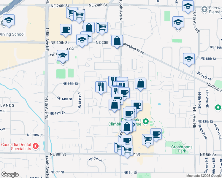 map of restaurants, bars, coffee shops, grocery stores, and more near 15558 Northeast 15th Place in Bellevue