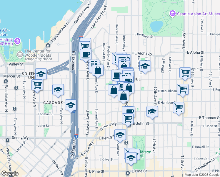 map of restaurants, bars, coffee shops, grocery stores, and more near 505 Boylston Avenue East in Seattle