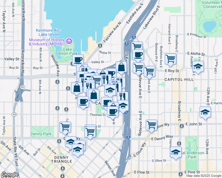 map of restaurants, bars, coffee shops, grocery stores, and more near 1260 Republican Street in Seattle