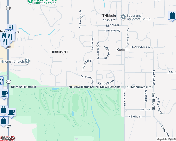 map of restaurants, bars, coffee shops, grocery stores, and more near 6894 Helena Drive Northeast in Bremerton
