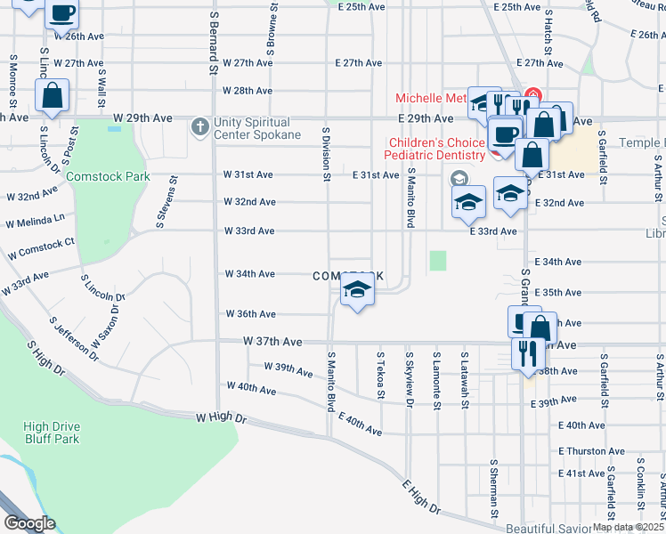 map of restaurants, bars, coffee shops, grocery stores, and more near 4 E 34th Ave in Spokane