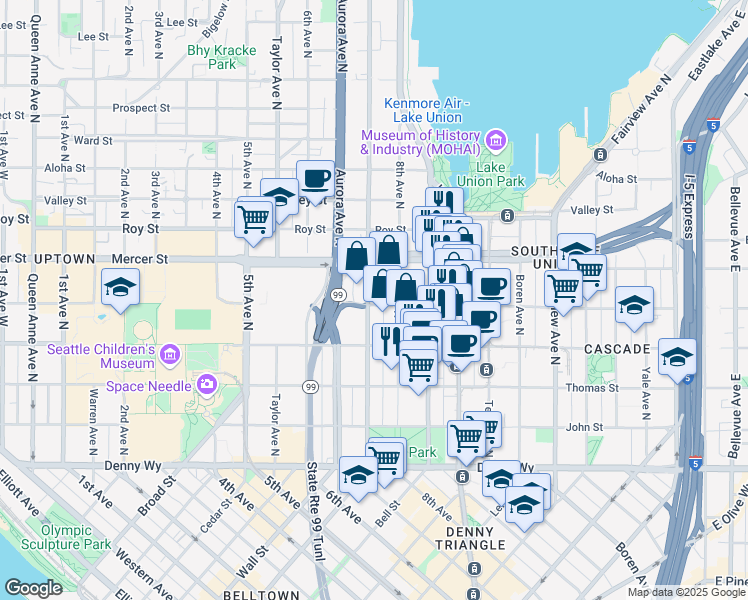 map of restaurants, bars, coffee shops, grocery stores, and more near 500 Dexter Avenue North in Seattle