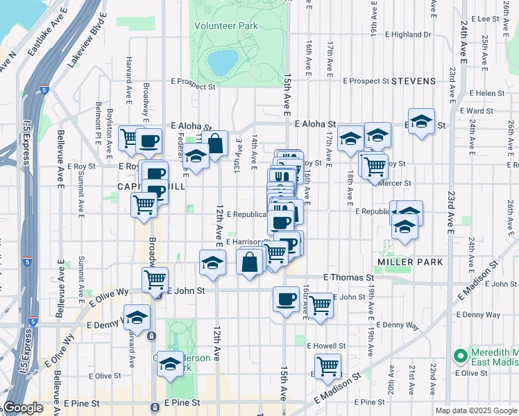 map of restaurants, bars, coffee shops, grocery stores, and more near 1406 East Republican Street in Seattle