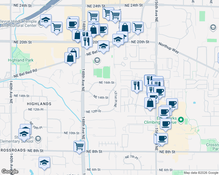 map of restaurants, bars, coffee shops, grocery stores, and more near 15020 Northeast 15th Street in Bellevue