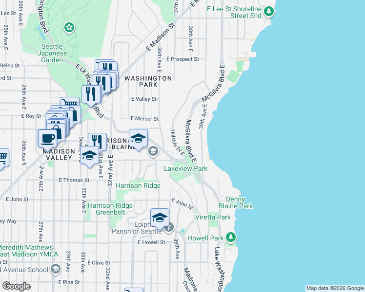 map of restaurants, bars, coffee shops, grocery stores, and more near 435 McGilvra Boulevard East in Seattle