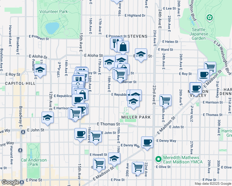 map of restaurants, bars, coffee shops, grocery stores, and more near 506 19th Avenue East in Seattle