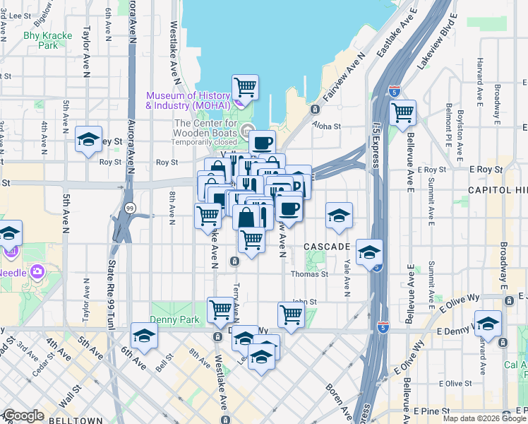 map of restaurants, bars, coffee shops, grocery stores, and more near 1100 Republican Street in Seattle