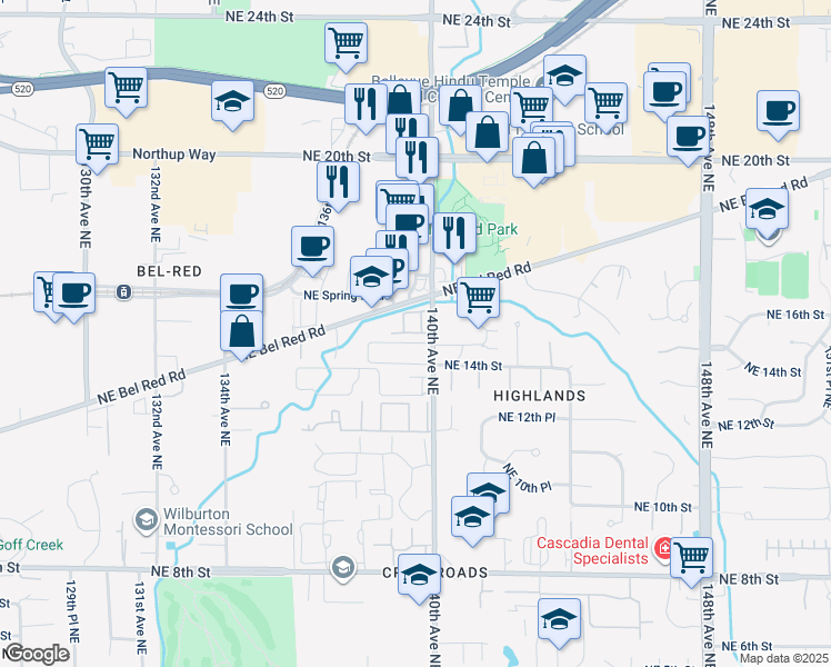 map of restaurants, bars, coffee shops, grocery stores, and more near 13963 Northeast 15th Court in Bellevue