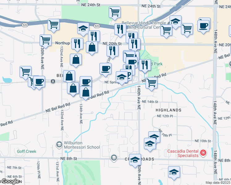 map of restaurants, bars, coffee shops, grocery stores, and more near 13707 Bel-Red Road in Bellevue