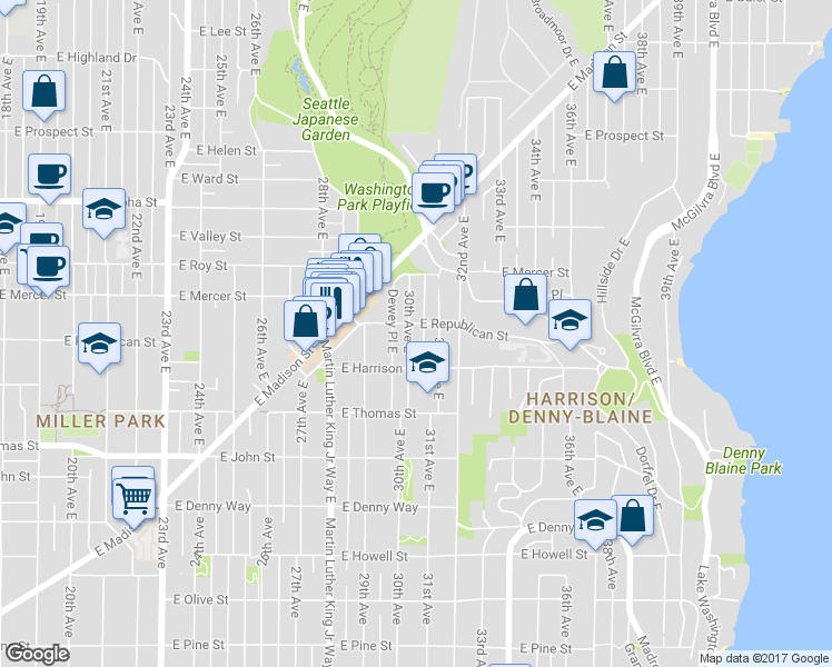 map of restaurants, bars, coffee shops, grocery stores, and more near 432 Dewey Place East in Seattle