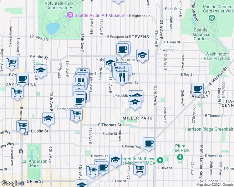 map of restaurants, bars, coffee shops, grocery stores, and more near 506 18th Avenue East in Seattle