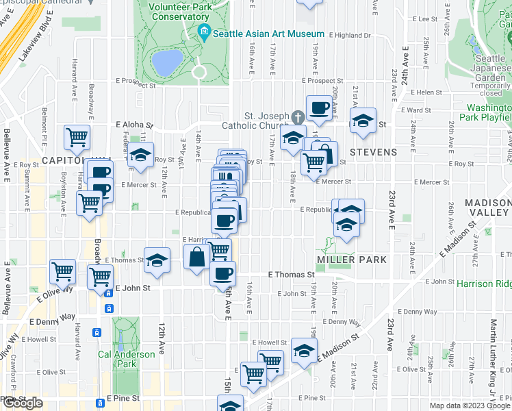 map of restaurants, bars, coffee shops, grocery stores, and more near 1516 East Republican Street in Seattle