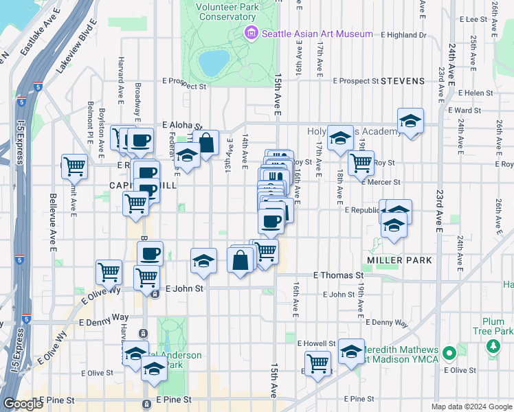 map of restaurants, bars, coffee shops, grocery stores, and more near 512 14th Avenue East in Seattle
