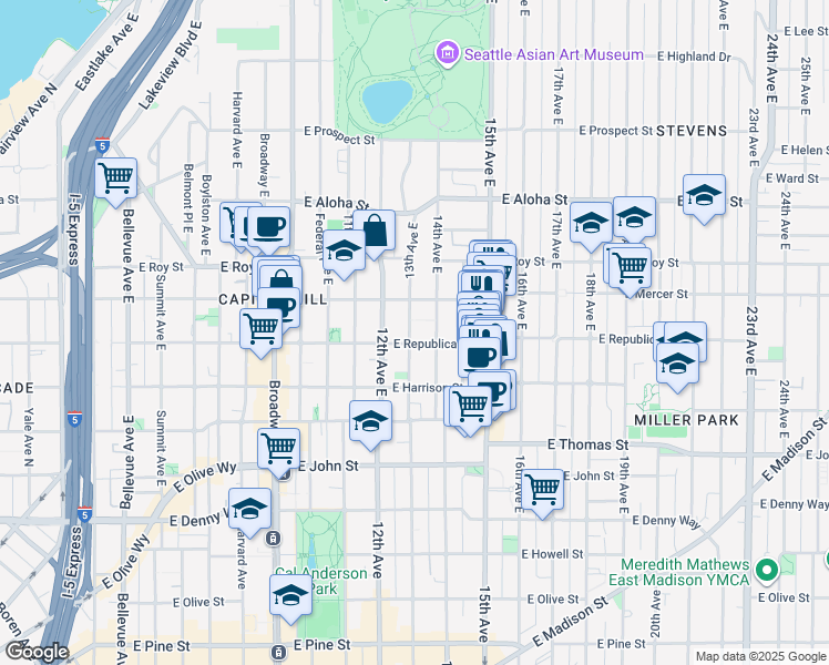map of restaurants, bars, coffee shops, grocery stores, and more near 515 13th Avenue East in Seattle