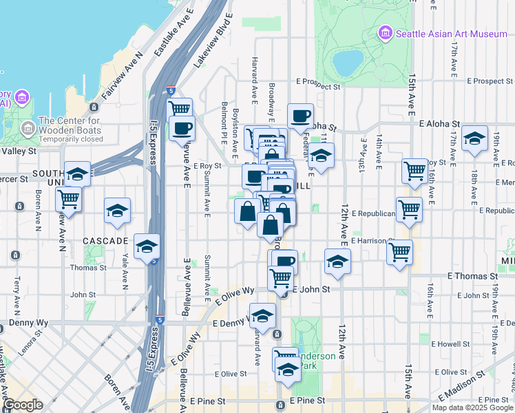 map of restaurants, bars, coffee shops, grocery stores, and more near 505 Broadway East in Seattle