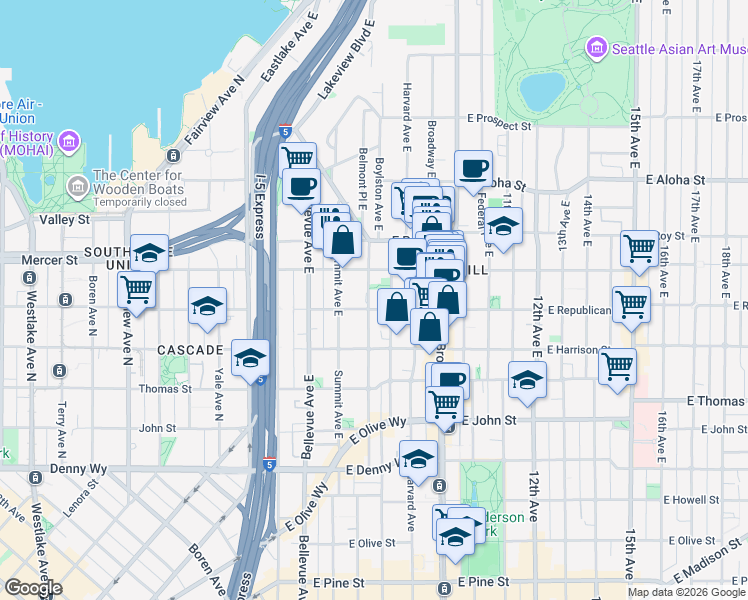 map of restaurants, bars, coffee shops, grocery stores, and more near in Seattle