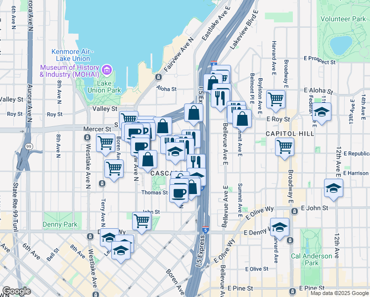 map of restaurants, bars, coffee shops, grocery stores, and more near 501 Eastlake Avenue East in Seattle