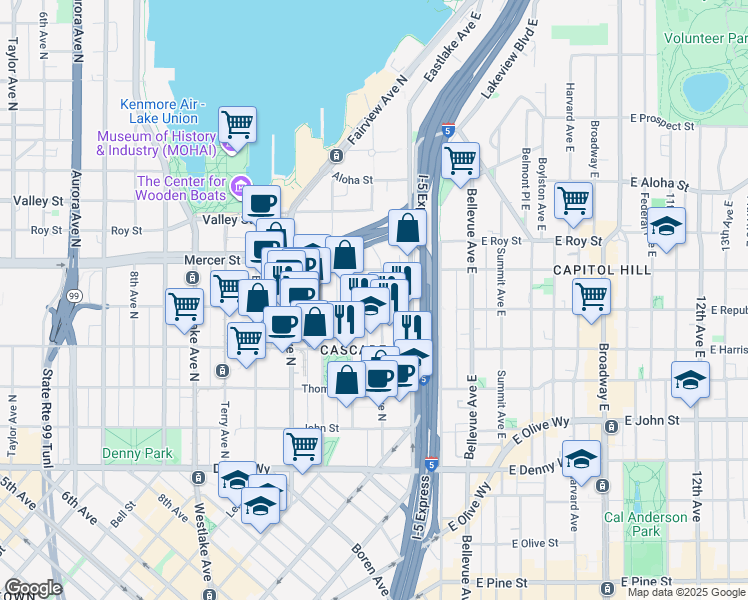 map of restaurants, bars, coffee shops, grocery stores, and more near in Seattle